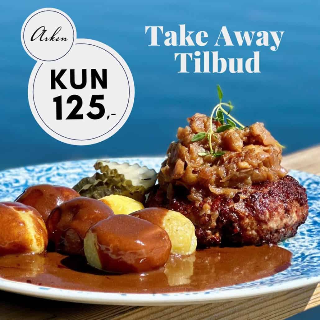 take away tilbud på Restaurant Arken på Køge Marina. Hakkebøf med bløde løg